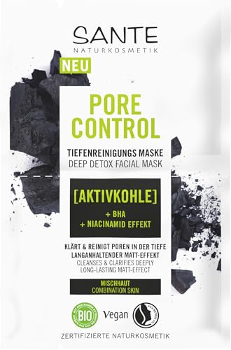 SANTE Naturkosmetik Pore Control Tiefenreinigungsmaske, mit mattierender Aktivkohle, BHA & Niacinamid Komplex, vegane Gesichtsmaske für Mischhaut, porenverfeinernde Gesichtsreinigung, 8ml