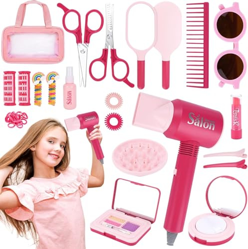 Set di Parrucchieri per Bambini Realistico,Set da Parrucchiere per Bambini,Set Parrucchiera con Asciugacapelli e Altri Accessori,Giochi di Ruolo Regali per Bambinis 3 Anni+