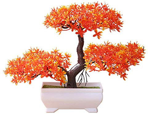 SuperglockT Künstliche Pflanzen Kunstbonsai Baum Mini Künstlicher Zeder Baum im Topf Kunststoff Zimmerpflanzen Deko für Hochzeit Büro Küche 26cm Hohe (Rot mit Orange)