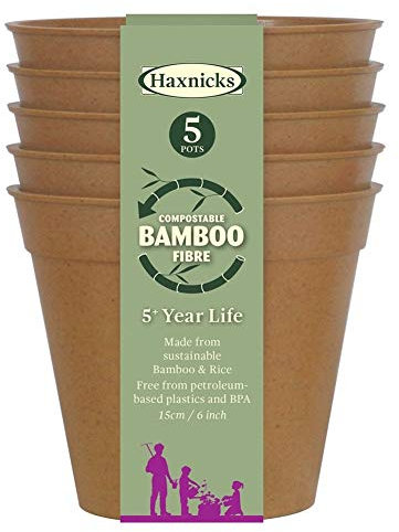 Haxnicks 5x Indoor & Outdoor Sustainable Bamboo Fibre Plant Pots | 6 Inch Diameter | Pack of 5 | Terracotta | Pot130201