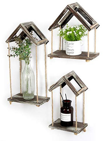 J JACKCUBE DESIGN Rustikaler Holzrahmen mit Seil Hängeregale, 3er-Set, Wanddekoratives Holzregal für Wohnzimmer, Schlafzimmer, Zuhause, Wohnungsdekoration – MK664A