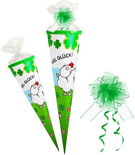 alles-meine.de GmbH Schultüte - Viel Glück - lustiges Schaf - Glücksklee & Glückskäfer - 50 cm - rund - incl. Schleife - Tüllabschluß - Zuckertüte - mit/ohne Kunststoff Spitze ..
