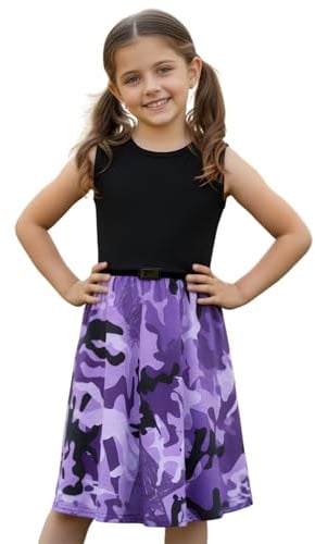 A2Z 4 Kids Girls Skater Dress Floral Belted Summer Party Dance - Skater Dress Camo Panel Purple11-12