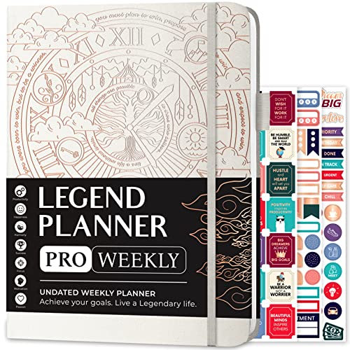Legend Planner PRO – Agenda settimanale e mensile non datata per obiettivi e produttività, organizer per gestione del tempo, 18 x 25,5 cm, colore: bianco
