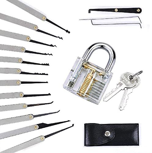 15-teiliges Dietrich Set mit Transparentem Training Vorhängeschloss Acrylschloss Transparent Vorhängeschloss Lock Picking Set Extractor Tool für Anfänger und Profi Schlosser