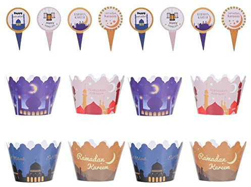PRETYZOOM 24 Sätze Eid Mubarak Kuchen Dekoration Papier Muffinförmchen Ramadan Torte Topper Cupcake Förmchen Muslimische Kuchendeckel Deko Muffin Pappbecher für Islamische Party Dekoration