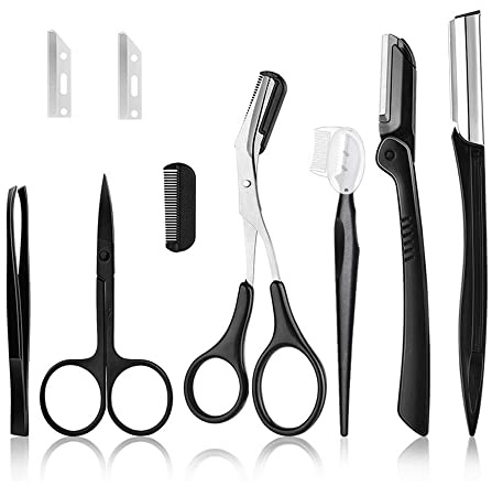 Ancuioyz Augenbrauen-Pflegeset, 9 Stück, Rostfreier Stahl, Schwarz, Professionelles Augenbrauen-Trimmerset mit Pinzette, Schere, Kamm, Geeignet für Männer und Frauen