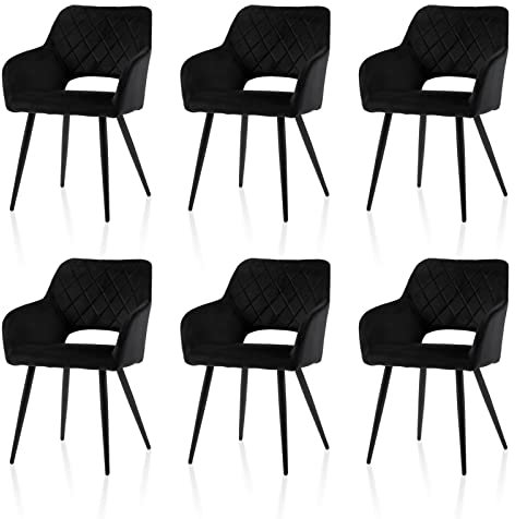 TUKAILAI Esszimmerstühle 6er Set aus Samt, Küchenstuhl Polsterstuhl mit Offener Rückenlehne,Armlehnen,Gepolstertem Sitz, Metallbeinen, Stühle für Wohnzimmer,Esszimmer,Küche (6, Schwarz)