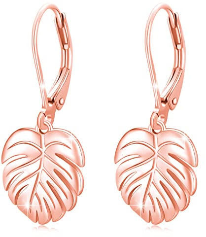 Monstera Ohrringe 925 Sterling Silber Leverback Ohrringe Palmenblätter Tropische Ohrringe Pflanze Baumeln Tropfen Ohrring für Damen Mädchen Modeschmuck (Roségold)