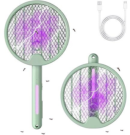 Raqueta Matamosquitos Plegable Eléctrica con Modo Automático UV. Raqueta Eléctrica Antimosquitos con Descarga de 3000v con Batería 1200mah. Modo Inteligente Protege Habitación mientras Duermes.