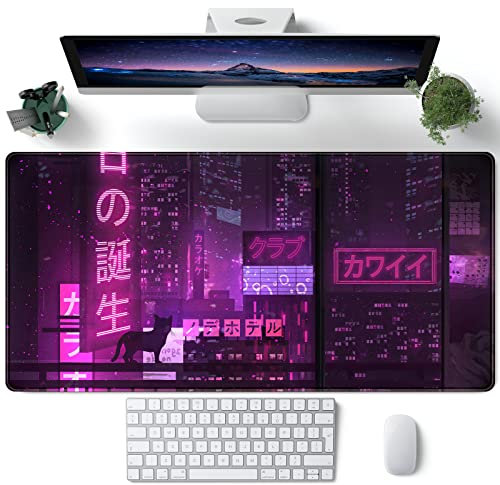 Purple Gaming Mousepad Japanese Desk Mat XXL Extended Anime Cool Large Mouse Pad Keyboard Mouse Mat Desk Pad for Computer Laptop Gamers 31.5''X15.7'' Non-Slip Rubber Base with Stitched Edges