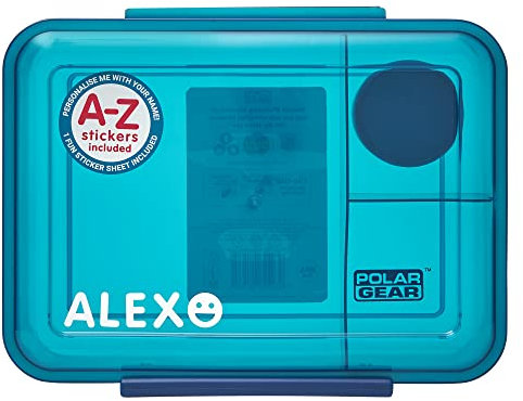 Polar Gear Personalised Alphabet Sticker 3 Compartment Lunch Box 1.1L – Official Merchandise Kids Reusable Polypropylene BPA Free – Personalise - Ideal For School Nursery Sports Picnic,Blue