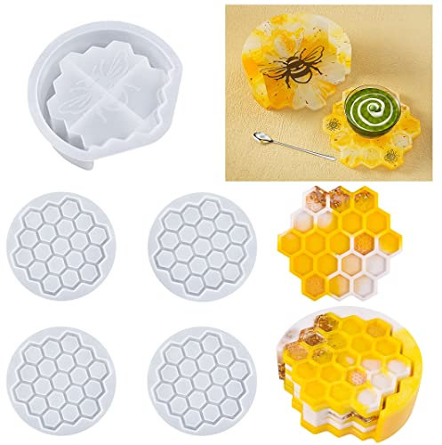 DIYBravo 5-teiliges Silikon-Form-Set, Epoxidharz-Formen Bienenwabe-Untersetzer mit Biene, Dose, Schale, Resin Casting, Heimdekoration, Kunsthandwerk