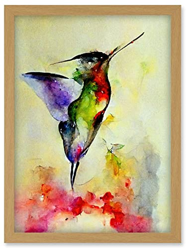Doppelganger33 LTD Elegant Hummingbird Abstract Watercolour Artwork Framed Wall Art Print A4