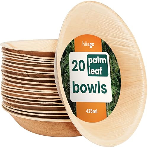 HAAGO 20 Bols en feuilles de palmier compostables et jetables, comme les Bols en bambou écologiques, résistantes au congélateur et au micro-ondes Assiette en feuilles de palmier de 450ml de Rond