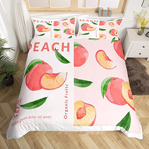 Loussiesd Peach Betten Set Cute Natur Peach Gedruckt Bettwäsche Set 220x240cm für Kinder Jungen Kawai Obst Muster Bettbezug Set Ultra Weicher Peach Dekor Bettdeckenbezug Reißverschluss