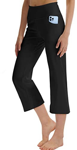 LaiEr Frauen Yoga Capri Hose mit Taschen Weites Bein Straighthose Bauchkontrolle(Black,Medium)