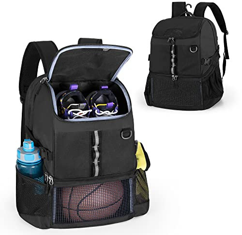 GOBUROS Basketballtasche, Fußballausrüstungstasche mit Ball- und Schuhfach für Fußball, Volleyball, Fitnessstudio, Outdoor, Reisen, Schwarz