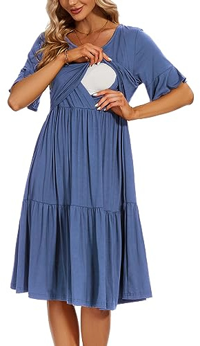 Smallshow Women's Maternity Nursing Dress Short Sleeve Ruffle Breastfeeding Clothes,Grey Blue,L