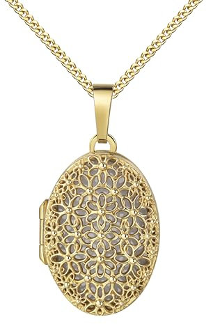 JEVELION Goldamulett Medaillon Gold 333 Amulett Anhänger oval für 1 Bild zum Öffnen für Damen Bildanhänger mit Schmuck-Etui Mit Damenkette 925 Silber vergoldet - Kettenlänge 50 cm.