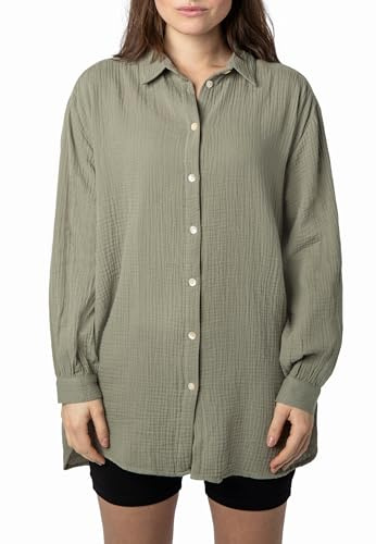 Sublevel Langarm Musselin Bluse mit Kentkragen - Damen Muselin Oversize Bluse, Baumwolle, Knopfleiste in verschienden Farben Green S/M