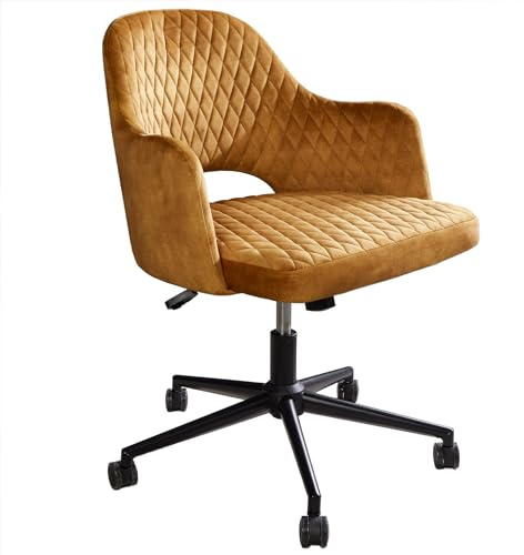 Bürostuhl PARIS - 82cm - senfgelb - Samt drehbar höhenverstellbar | Armlehne, Rollen, Ziersteppung, hoher Komfort, bequeme Polsterung, Höhen Verstellbar, Eyecatcher