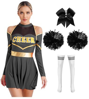 Jowowha Damen Cheer Leader Kostüm Cheerleading Kleid mit Pompoms Haarband Socken Halloween Kostüm Karneval Fasching Partykleid Schwarz Weiß XL