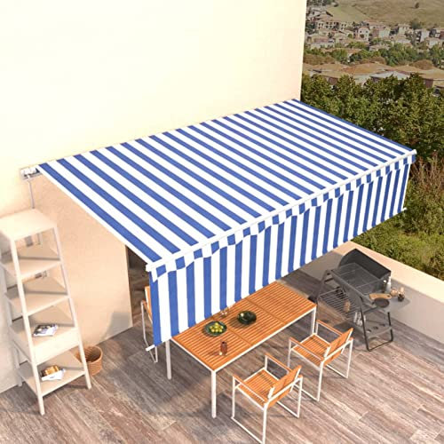 Gecheer Markise Balkonmarkise Terrassenmarkise Sonnenmarkise Sonnenschutz Sichtschutz Terrasse Garten Balkon Outdoor-Markise Manuell Einziehbar mit Rollo 6x3 m Blau & Weiß