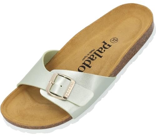 Palado Pantoletten Damen Malta Metallic – Sandalen Made in Spain - elegante Hausschuhe mit Kork-Fußbett - modische Sommerschuhe Pistazie UK5,5 - EU38