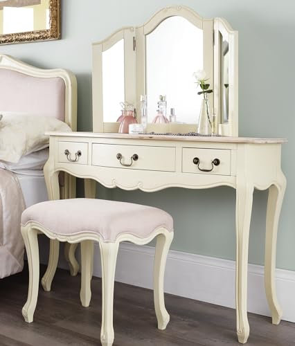 Juliette Champagne Dressing Table Set with 3-Way Mirror and Stool| French Style Vanity Makeup Table with 3 Drawers (DT-SET-C)