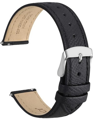 WOCCI 18mm Grace Uhrenarmband für Damen, Top Grain Leder, Schnellverschluss, Silberner Schnalle (Schwarz)