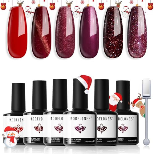 Modelones Gel Nail Polish Set, 6 Colors Red Glitter, Burgundy 9D Cat Eye Magnetic Gel Polish Set with Chameleon Shimmer for DIY Salon Home Nail Art