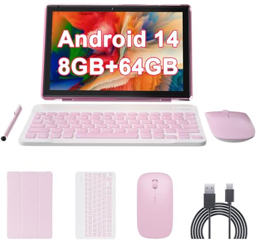 Tablette Android 14 10 avec clavier, ensemble de tablettes 2 en 1 comprenant un étui, un stylet souris, 8 Go de RAM + 64 Go de ROM, un onglet Quad Core 10,1, une batterie 6000 mAh, une double caméra