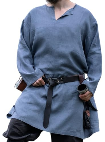 Leonardo Carbone® Wikinger Tunika Halvar - Mittelalter Kleidung Herren, Leinenhemd Herren, Freizeithemden Langarm, Karneval Kostüm Herren, Wikinger Tunika, LARP-Kleidung - 100% Leinen Blaugrau XXL