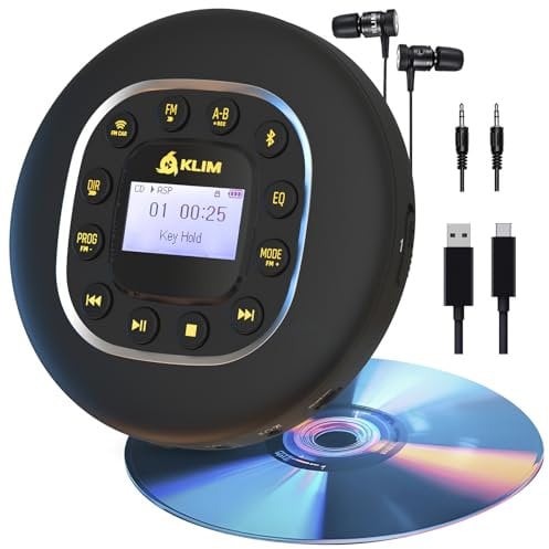 KLIM Journey + Lettore CD HiFi portatile + Cuffie incluse + Radio FM + Compatibile con MP3 CD Audiolibri + Lettore CD per auto + Supporta Bluetooth per Auto, scheda SD, Trasmettitore FM