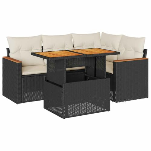 vidaXL 5tlg. Garten-Sofagarnitur mit Kissen Schwarz Poly Rattan Akazie