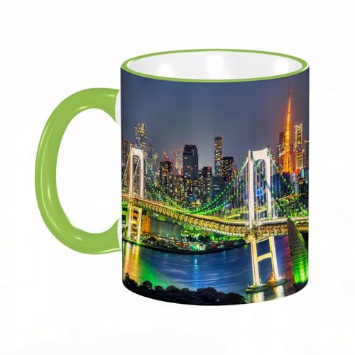 KDWJS Tasse Keramik Kaffeetassen Große 11oz Tassen 330ml Trinkgläser Mit Griff Personalisierte Geschenk Weiß,Wohnung, Skyline von Tokio mit Tokyo Tower und Rainbow Bridge, Tokio, Japan, Nachtaufnahme