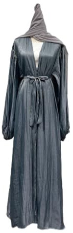 Watreketal Muslimisches Kleid für Damen, offenes Hijab-Kleid, Blasen-Ärmel, Kleider für Damen, Saudi-Arabien, muslimische Kleidung, Vestidos, Musulmanes, Grauer Turban, S