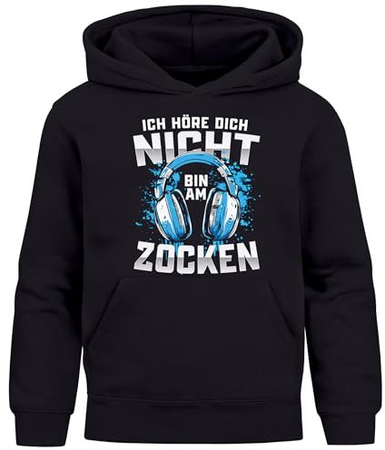 MoonWorks® Kinder Hoodie Jungen Gaming Spruch lustig Höre Dich Nicht Bin am Zocken Videospiele Kopfhörer Jungengeschenke schwarz 128
