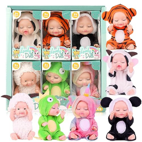 Hperu Mini -Babypuppen 6PCs Schläfrige Gesicht bewegbarer Joint Little Babypuppen mit unterschiedlichen Kleidern auf 4x2 -Zoll realistisch und entzückend PVC Tiny Babypuppe, Geschenke für Mädchen
