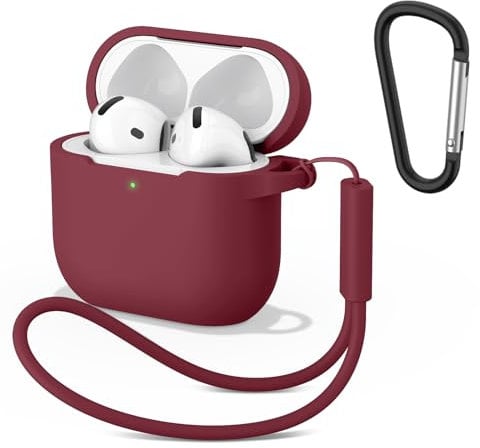 Wanme Schutzhülle für AirPods 4 Hülle, Weiche Silikon Cases, Schutzhülle Apple Airpods 4, Effektiver Stoß und Kratzschutz, Hülle mit Karabiner Und Handschlaufe, Weinrot
