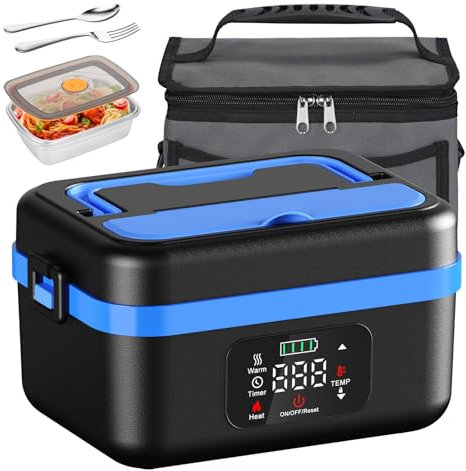 Cordless Electric Lunch Box, Battery Powered Heated Lunch Box, 1 Liter Food Insulated Lunchbox with Fork and Spoon Insulated Carrying Pouch for Truck Drivers Blue Collar