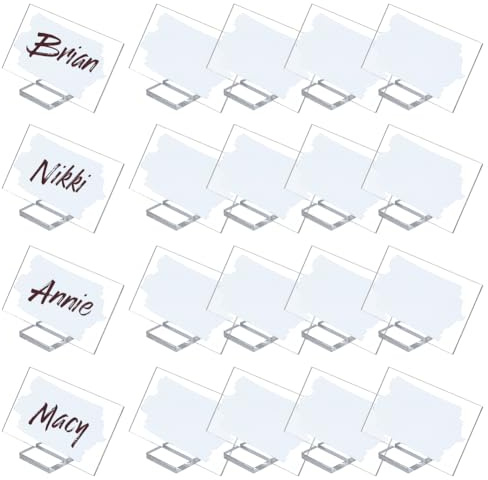ORIGACH 20 Pcs Clear Acrylic Name Place Cards with Stand DIY Blank Rectangle Name Sign for Wedding Birthday Party Anniversary Events Dinner Table Setting, 9 x 5 cm