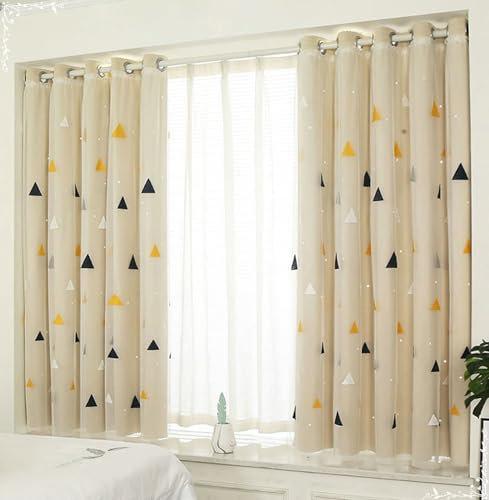Lirzxin Verdunkelungsvorhänge mit Ösen 170 cm Lang, Gardinen Lichtdicht Beige Gelb Doppelschicht mit Sternen Dreieck Muster Vorhänge für Schlafzimmer Wohnzimmer 150x170 cm(B×H), 2er Set
