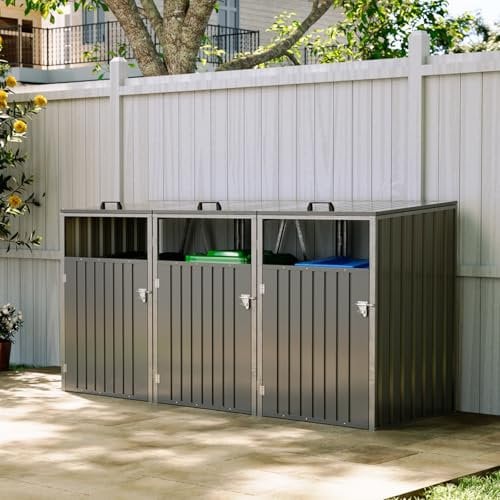 Warmiehomy Wheelie Bin Storage Bin Store for Triple Wheelie Bins Galvanized Steel Wheel Bins Hideaways with Locking Door Garden Trash Can Cover with Lifting Lids