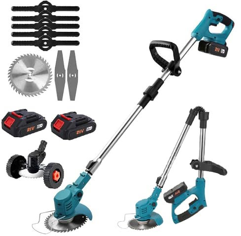 Coupe Bordure sans Fil avec Batterie,21V Debroussailleuse Electrique sans Fil, Pliable Coupe Bordure avec 3 Types de Lames, pour Débroussaillage, Cour, Jardin (2 Batteries)