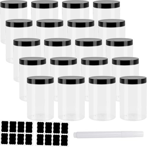 20 Pack Clear Plastic Round Jars, 400ml Plastic Food Storage Jars with Lids, Wide Mouth Cosmetic Container Empty Food Jar with Labels and Pen for Kitchen Spices Beauty