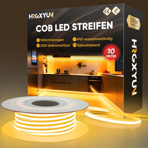HRGXYUN 230V COB LED Streifen Aussen, 240 LEDs IP67 Wasserdicht Selbstklebend, Bande LED 900LM Ohne Trafo Flexible Kürzbar für Zimmer und Außen Dekoration Beleuchtung, 2700K Warmweiß, 10m