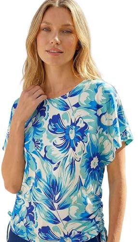 Roman Originals Abstract Ruched Side Stretch Top for Women UK - Ladies Everyday Holiday Spring Summer Round Neckline Comfy Soft Evening Vacation Work Party