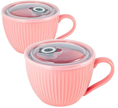 Hoilse Ceramic Soup Bowl with Handle – Large 680ml Microwave Soup Mug with Lid, Soup Container & Cup for Ramen, Porridge,Meal Prep, Breakfast,Ideal Housewarming Gifts - Set of 2 (Pink)